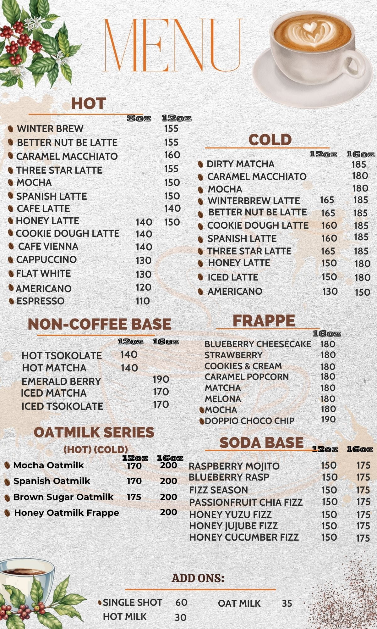 Elcazo Coffee menu with drinks and food offerings
